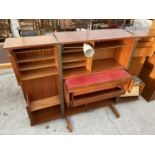 A NEWCRAFT "HOME OFFICE" RETRO TEAK DESK WITH FOLD OUT SIDE CUPBOARDS, RETRACTABLE WRITING SURFACE