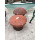 TWO TERRACOTTA ROUNDED CHIMNEY POT TOPS