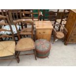 SIX ITEMS - TWO MAHOGANY BEDROOM CHAIRS. A LEATHER FOOTSTOOL, A PINE BEDSIDE CABINET A WICKER