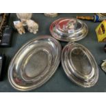 TWO SILVER PLATED TUREENS, MEAT PLATE AND SERVING DISH