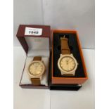 TWO GENTS WRIST WATCHES WITH WOODEN FACE DESIGN , BOXED