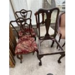 TWO CARVED MAHOGANY DINING CHAIRS AND TWO FURTHER MAHOGANY DINING CHAIRS