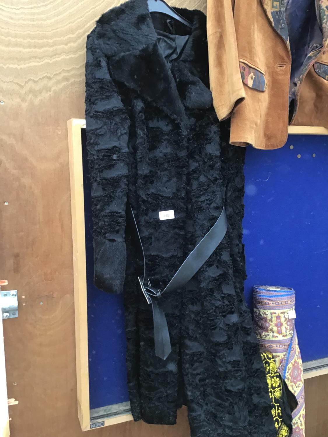 A VINTAGE BLACK FUR COAT WITH BELT AND A SUEDE JACKET WITH ORNATE LAPELS AND POCKETS - Image 2 of 3