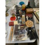 A GROUP OF ASSORTED ITEMS TO INCLUDE INLAID BOXES, FIGURES, BOTTLE, CIGARETTE CASE ETC