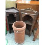 TWO WOODEN CORNER SHELVING UNITS AND A TERRACOTTA CHIMNEY POT