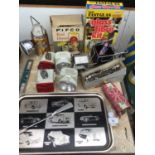 VARIOUS ITEMS TO INCLUDE A TRAY, RED DOME TORCH, BICYCLE LIGHTS ETC