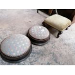 THREE UPHOLSTERED AND MAHOGANY FOOTSTOOLS