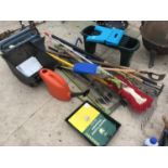 VARIOUS GARDEN TOOLS TO INCLUDE RAKES, FORK, HOES, BRUSH, WATERING CAN AND A METAL FOLD OUT TOOL BOX