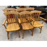 FOUR PINE KITCHEN CHAIRS AND TWO CARVERS