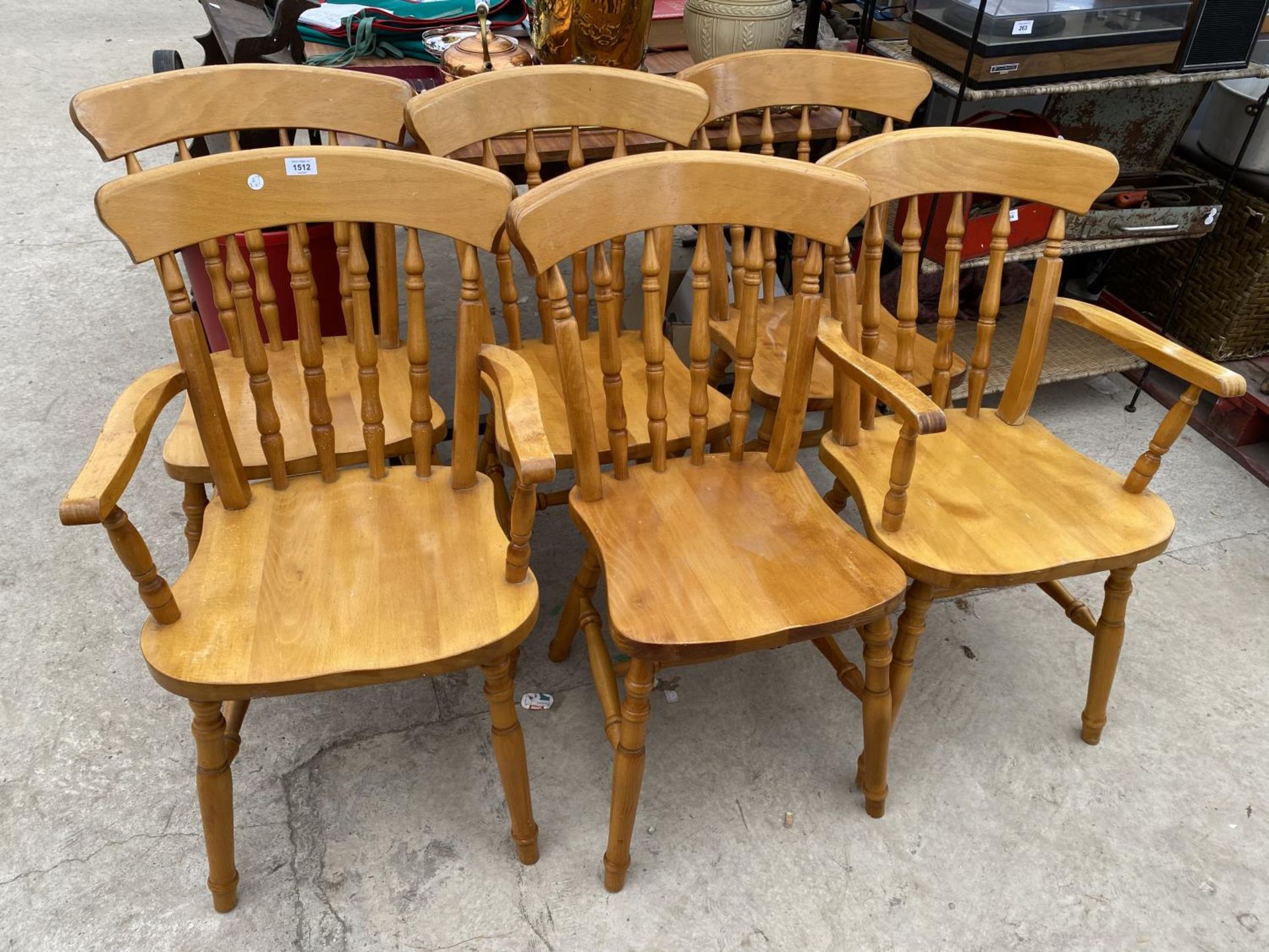 FOUR PINE KITCHEN CHAIRS AND TWO CARVERS