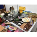 A LARGE QUANTITY OF KITCHEN ITEMS TO INCLUDE TRAYS, JUGS, PANS, TRAYS, STORAGE JARS ETC
