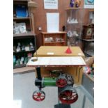 A VINTAGE MAMOD STEAM ENGINE WAGON AND WOODEN BOX