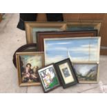 A LARGE COLLECTION OF FRAMED PICTURES AND PAINTINGS TO INCLUDE A FRAMED JOB MIRROR