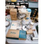 A VINTAGE KENWOOD CHEF FOOD MIXER WITH VARIOUS ATTACHMENTS, BOOKLETS ETC