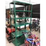 A GREEN METAL FIVE SHELF SHELVING RACK