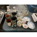 A COLLECTION OF MIXED CERAMICS TO INCLUDE A PAIR OF 'DICE' VASES, CONTINENTAL CANDLE STICKS ETC