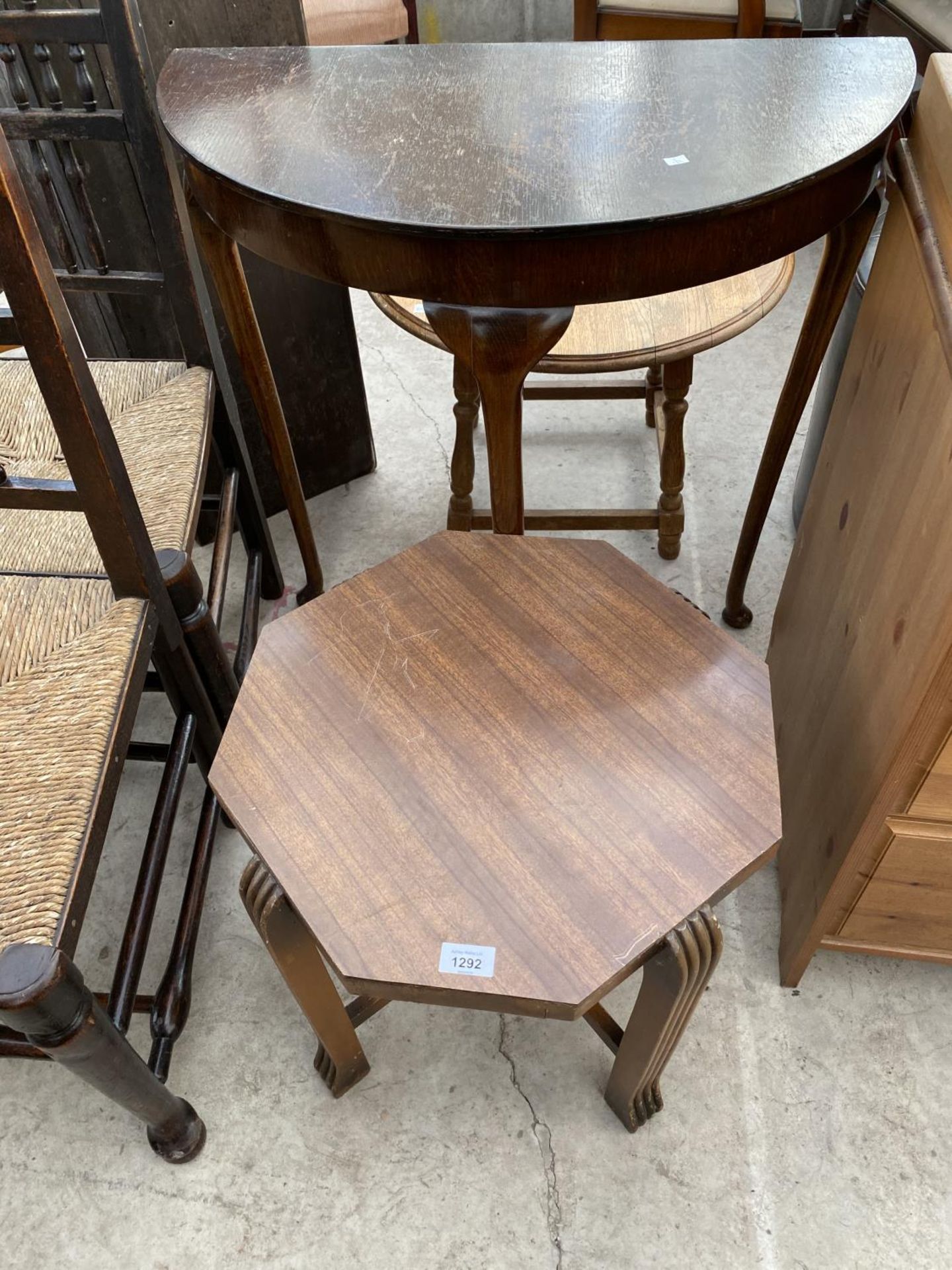 A MAHOGANY OCCASIONAL TABLE AND A MAHOGANY DEMI LUNE HALL TABLE