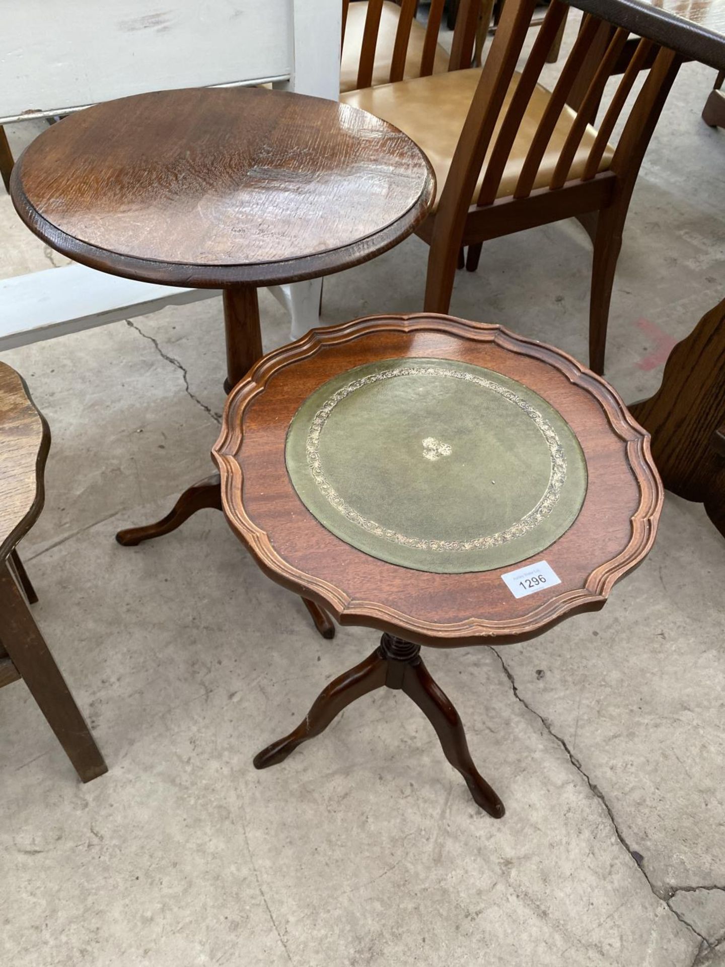 A MAHOGANY WINE TABLE WITH LEATHER TOP AND AN OAK WINE TABLE