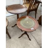 A MAHOGANY WINE TABLE WITH LEATHER TOP AND AN OAK WINE TABLE