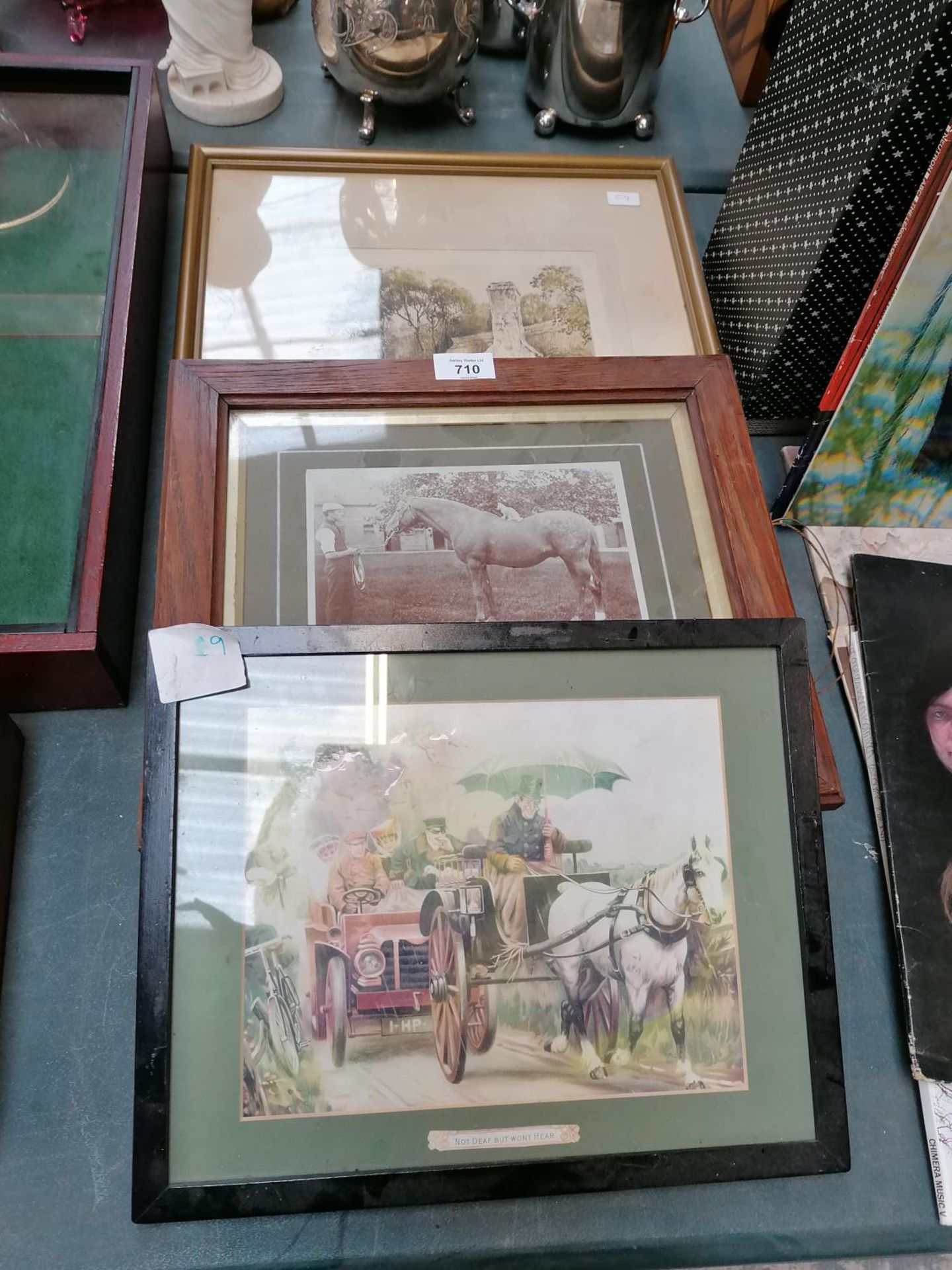 TWO GILT FRAMED PENCIL SIGNED ENGRAVINGS AND TWO FURTHER PICTURES