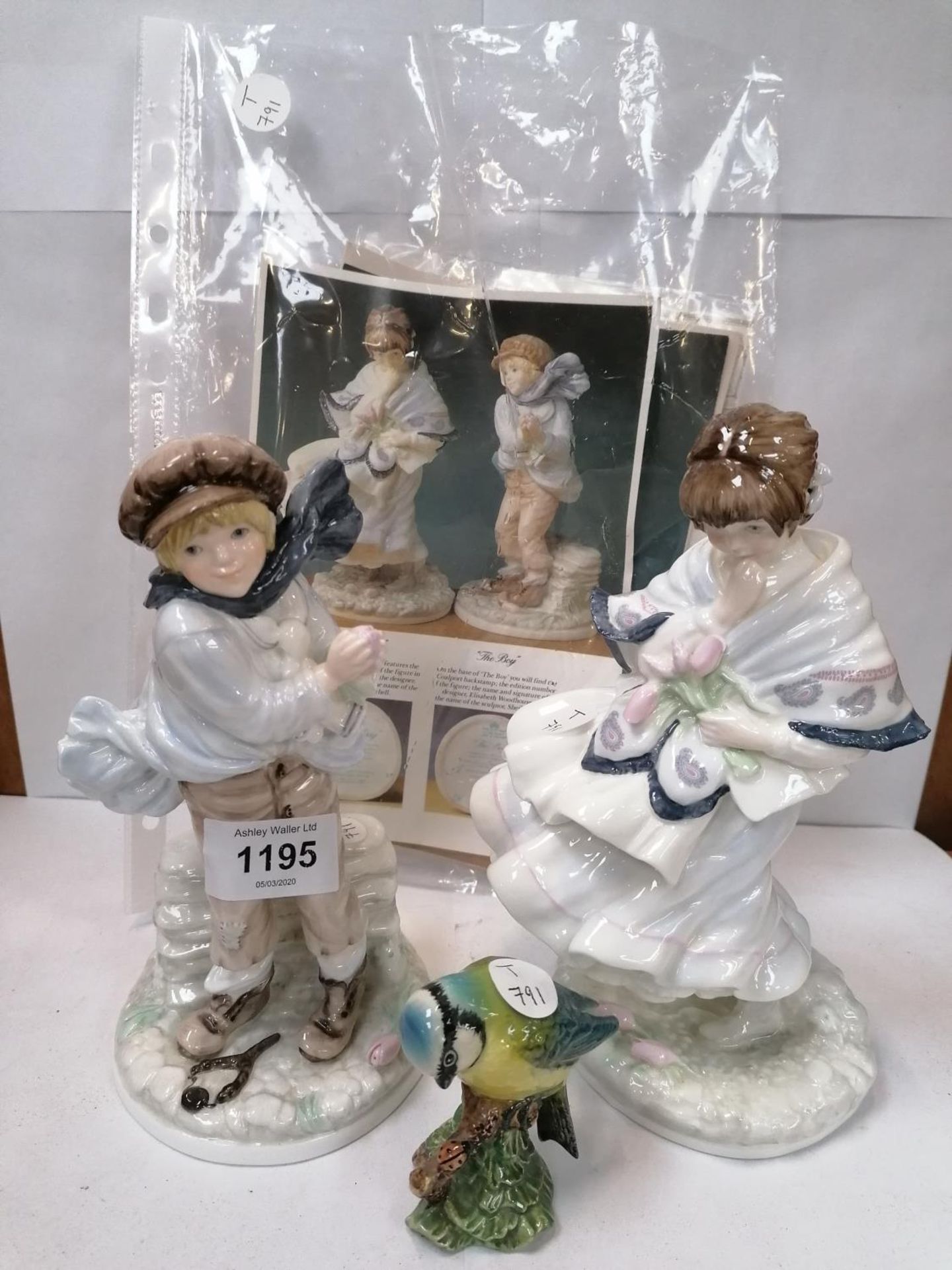 THREE ITEMS - TWO COALPORT FIGURES, 'THE BOY' AND 'VISITING DAY' TOGETHER WITH A BESWICK BLUE TIT