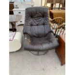 A STRESSLESS STYLE LEATHER ARMCHAIR ON TUBULAR CHROME SWIVEL SUPPORT