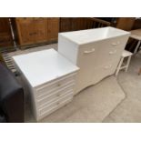 A WHITE BEDSIDECHEST OF THREE DRAWERS, A WHITE CABINET WITH ONE DOOR AND THREE DRAWERS AND A WHITE