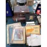 A MIXED GROUP OF ITEMS TO INCLUDE SUITCASE, VINTAGE BOOKS, PAINTS ETC