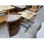 A SMALL OAK CORNER CABINET, A SIDE TABLE AND A BRASS TEA TROLLEY