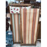 THREE VINTAGE WOODEN DECK CHAIRS WITH STRIPED CANVAS SEATS