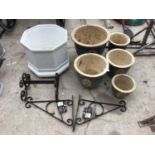 GARDEN PLANTERS/POTS (FOUR MATCHING OF VARIOUS SIZES), TWO NEW HANGING BASKET WALL BRACKETS ETC