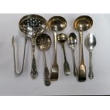 A MIXED GROUP OF HALLMARKED SILVER FLATWARE, SUGAR TONGS, SMALL LADLES ETC, TOTAL WEIGHT 173 GRAMS