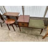 THREE ITEMS - A TEAK OCCASIONAL TABLE, AN OAK SIDE TABLE AND A MAHOGANY TELEPHONE SEAT