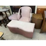 FOUR ITEMS - A MAHOGANY DINING CHAIR AND THREE LLOYD LOOM STYLE ITEMS - A CHAIR, OTTOMAN AND LINEN