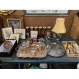 A COLLECTION OF ITEMS TO INCLUDE SILVER PLATED GOBLETS, LAMP, TRAY WITH TEA POT, FLATWARE ETC