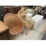 FOUR ITEMS - TWO WICKER CHAIRS, AN OTTOMAN AND BEDSIDE CABINET