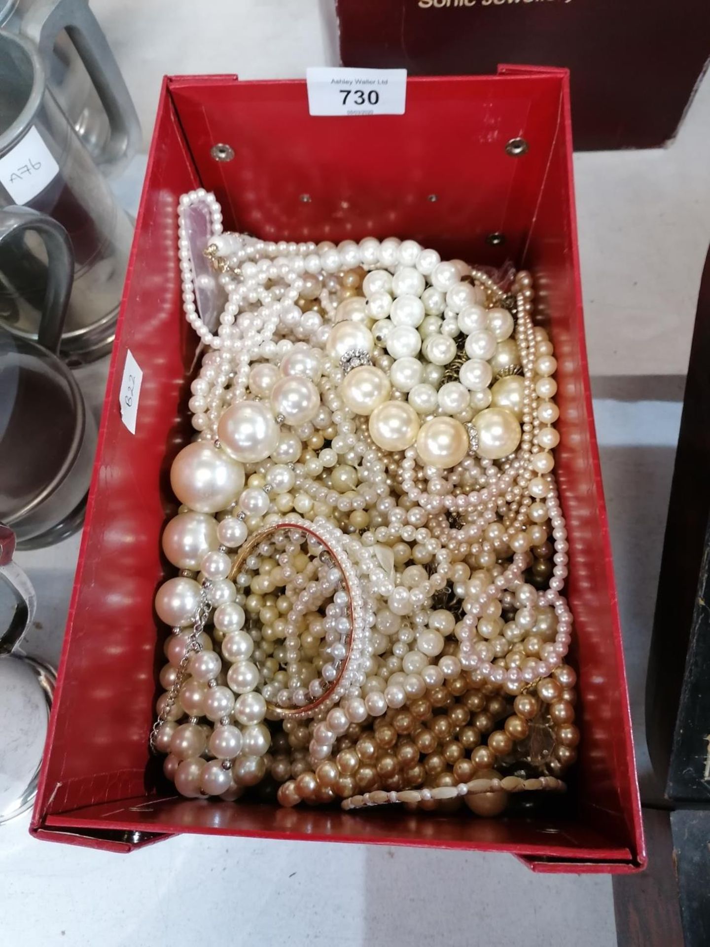 A BOX OF ASSORTED PEARL STYLE NECKLACES ETC