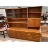 A McINTOSH RETRO TEAK CABINET WITH TWO LOWER DOORS AND THREE DRAWERS, FALL FRONT AND TWO SLIDING