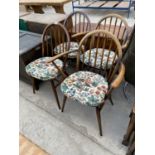 TWO ERCOL ELM DINING CHAIRS AND TWO MATCHING CARVERS