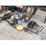 VARIOUS ITEMS TO INCLUDE TOOLS, VARIOUS TUBS OF SCREWS, NUTS BOLTS HARDWARE ETC, PULLEY AND