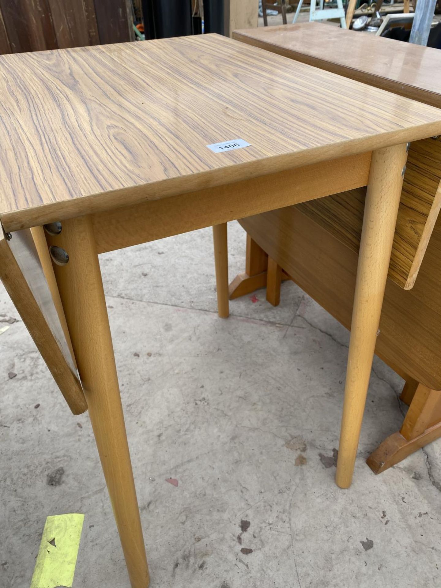 SIX ITEMS - TWO RETRO FORMICA DROP LEAF KITCHEN TABLES, A BEECH EFFECT BEDSIDE CHEST, A BEECH - Image 2 of 6