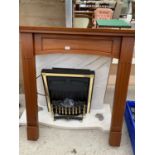 A MAHOGANY FIRE SURROUND WITH MARBLE HEARTH AND BACK AND ELECTRIC FIRE