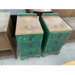 TWO WALNUT AND GREEN SHABBY CHIC BEDSIDE CHESTS OF THREE DRAWERS