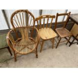 A WICKER CHAIR, A PINE DINING CHAIR AND A MAHOGANY BEDROOM CHAIR