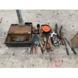 A WOODEN TOOL BOX AND VARIOUS TOOLS TO INCLUDE SHEARS, PLIERS, DRILLS ETC