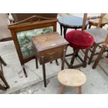 FOUR ITEMS - AN OAK SEWING BOX, TWO STOOLS AND A MAHOGANY AND TAPESTRY FIRESCREEN