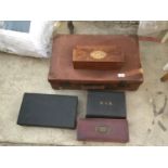 A VINTAGE SUITCASE, TWO JEWELLERY BOXES ETC