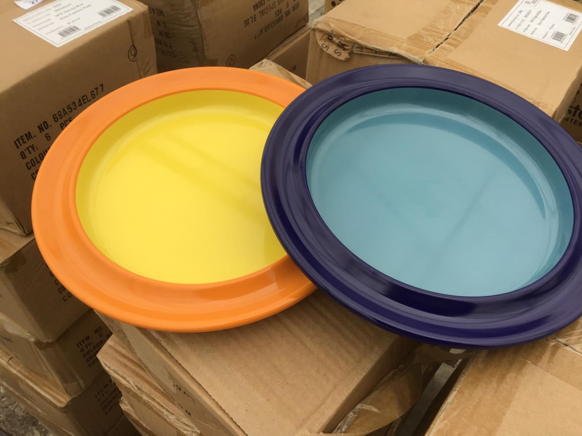 THIRTY SIX MIXED YELLOW AND BLUE NEW AND BOXED HEAVY DUTY PLATES