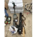 A TELESCOPE, DRILL STAND AND VARIOUS VINTAGE TOOLS ETC