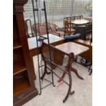 AN IRON PAN STAND AND A MAHOGANY TOWEL RAIL